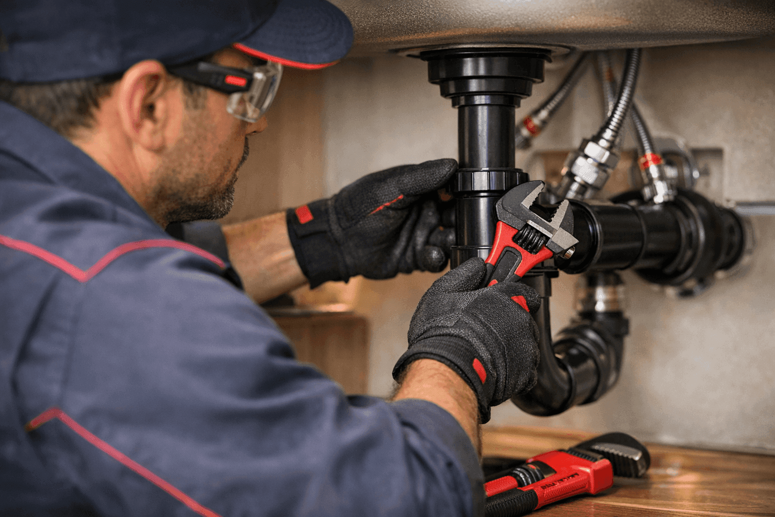 Residential plumber wearing safety gear working under kitchen sink in clean home