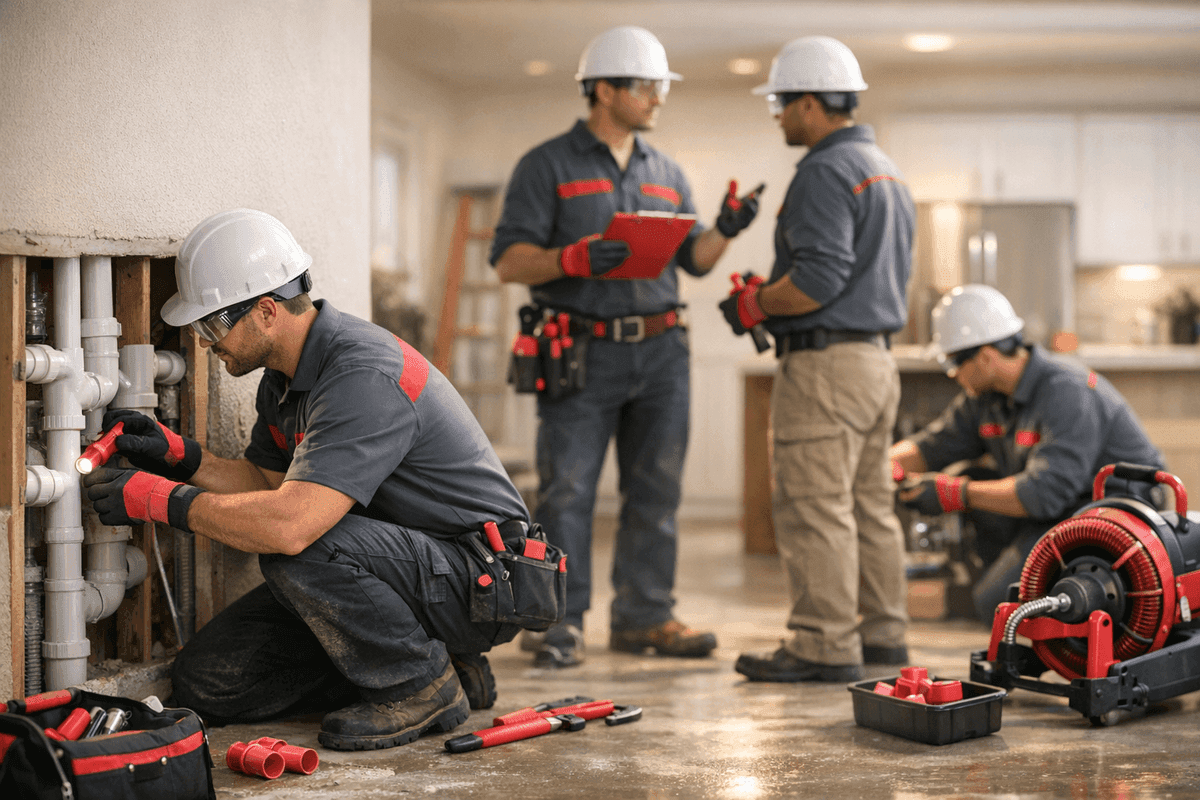 Close-up of plumber’s gloved hands tightening copper pipe fitting under kitchen sink