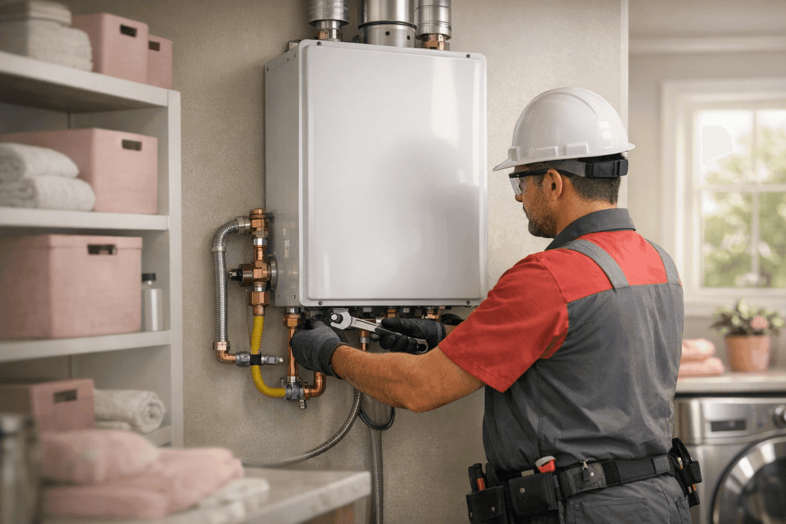 Plumber installing new tankless water heater in Dallas utility room