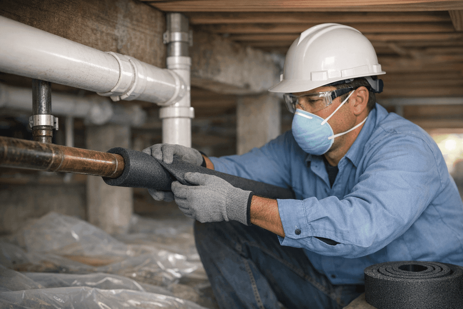 Technician insulating exposed pipes in Dallas home crawlspace